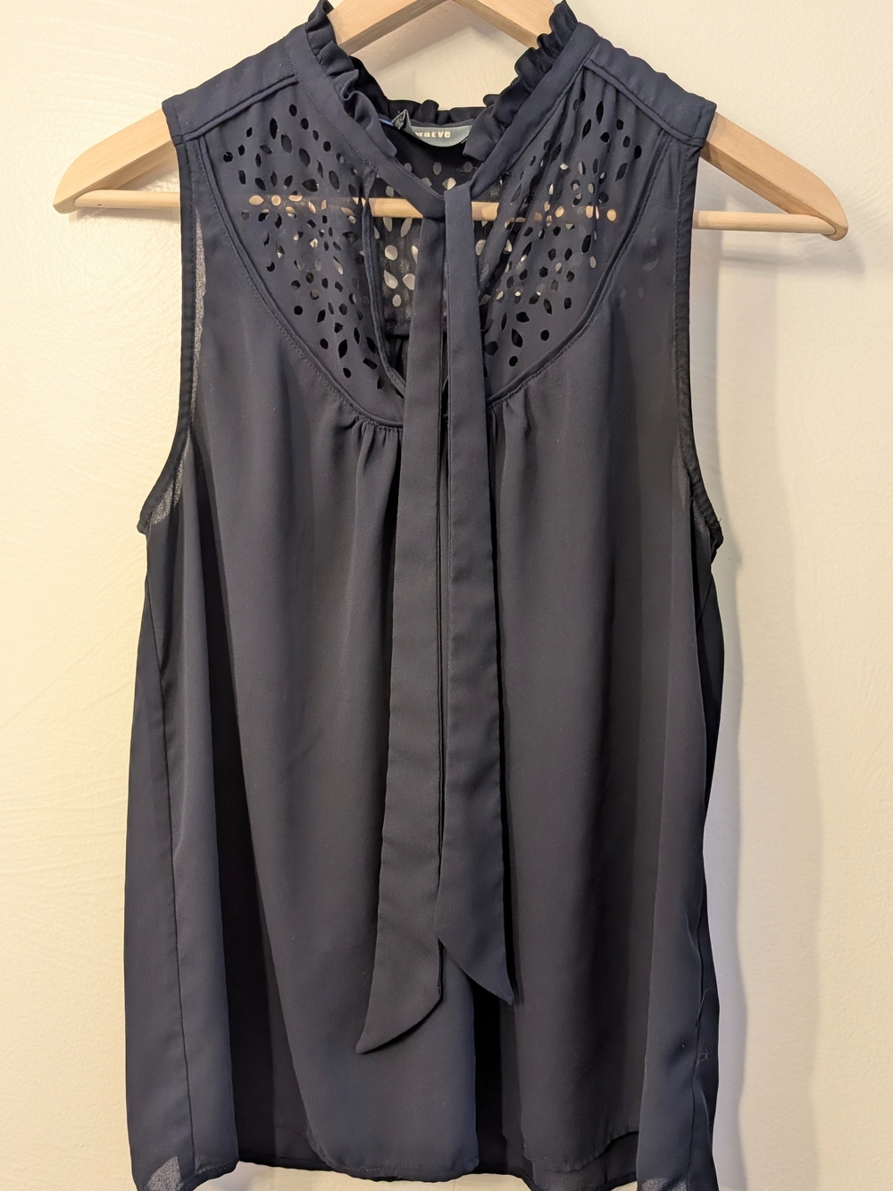 Maeve Sleeveless Navy Tie-Neck Blouse with Laser-Cut Yoke